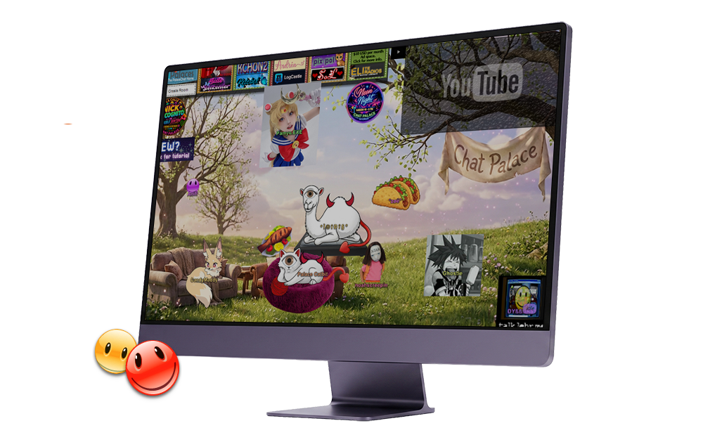 A whimsical 2D chat room scene with avatars, a Chat Palace banner, and friendly characters on a sunlit meadow.
